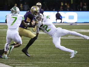 Washington wide receiver Dante Pettis, center, is tackled by Oregon cornerback Ugochukwu Amadi (7) and safety Tyree Robinson (2) after a reception in the first half of an NCAA college football game, Saturday, Nov. 4, 2017, in Seattle. (AP Photo/Ted S. Warren)