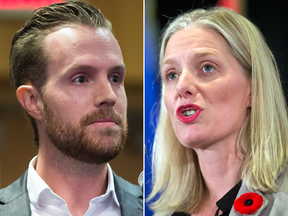 Rebel Media reporter Christopher Wilson and Environment Minister Catherine McKenna on Friday night.