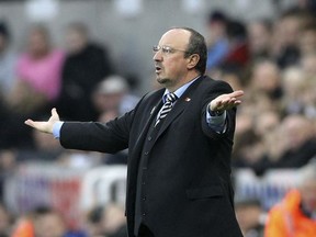 Newcastle United manager Rafael Benitez gestures on the touchline during the English Premier League soccer match against Bournemouth, at St James' Park, Newcastle, Saturday November 4, 2017.   (Owen Humphreys/PA via AP)
