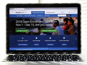 In this Oct. 18, 2017 photo, the Healthcare.gov website is seen on a computer screen in Washington.   Government data released Wednesday show sign-ups for Affordable Care Act health plans are running more than 45 percent ahead of last year's pace.  (AP Photo/Alex Brandon)