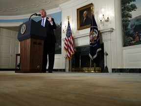 In this Nov. 15, 2017, photo, President Donald Trump speaks about his trip to Asia in the Diplomatic Reception Room of the White House in Washington. Over the past week, Trump told a made-up story about his predecessor and revived a distorted claim about NATO that's been gathering dust for some months. On those occasions and more, his purpose was to illustrate "tremendous success" on his Asia trip, an extended journey that actually produced little visible or immediate change. He also reached back to earlier travels to make his case. (AP Photo/Evan Vucci, File)