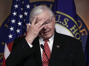 FILE - In this June 14, 2017 file photo, Rep. Joe Barton, R-Texas, speaks during a news conference on Capitol Hill in Washington.  Barton, Texas' most-senior member of Congress, announced Thursday that he won't seek re-election following a nude photo of him that circulated online, as well as revelations that he exchanged separate messages of a sexual nature with a Republican activist.  (AP Photo/J. Scott Applewhite)