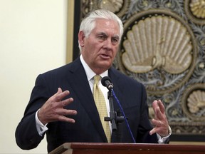 FILE -  In this Nov. 15, 2017, file photo, U.S. Secretary of State Rex Tillerson speaks during a news conference in Naypyitaw, Myanmar. The State Department is hitting back at the growing bipartisan criticism of Tillerson's leadership, who is being accused of presiding over a debilitating brain drain of the nation's diplomatic corps. In a letter to the Senate Foreign Relations Committee's Republican chairman, the agency said Tillerson's reorganization plans aren't crippling the agency.  (AP Photo/Aung Shine Oo, File)