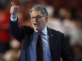 FILE - In this July 25, 2016, file photo, Sen. Al Franken, D-Minn., takes the stage at the Democratic National Convention in Philadelphia. Franken has spent much of his nine years as senator trying to shed his funnyman image and digging into issues. That rising trajectory has been interrupted by allegations that he forcibly kissed one woman and squeezed another's buttocks without their permission. (AP Photo/Paul Sancya, File)