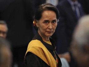 Myanmar leader Aung San Suu Kyi attends during an opening session of the 31th ASEAN Summit in Manila, Philippines, Monday, Nov. 13, 2017 (Athit Perawongmetha/Pool Photo via AP)