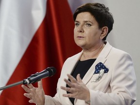 Polish Prime Minister Beata Szydlo speaks during a press conference summarizing two years of her government, in Warsaw, Poland, Tuesday, Nov. 14, 2017. (AP Photo/Alik Keplicz)