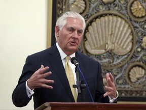 U.S. Secretary of State Rex Tillerson speaks during a joint press conference with Myanmar Foreign Minister Aung San Suu Kyi at the Foreign Ministry office in Naypyitaw, Myanmar, Wednesday, Nov. 15, 2017. Tillerson said Wednesday that his country was deeply concerned by "credible reports" of atrocities committed by Myanmar's security forces and called for an independent investigation into a humanitarian crisis that has seen hundreds of thousands of Muslim Rohingya flee to Bangladesh. (AP Photo/Aung Shine Oo)
