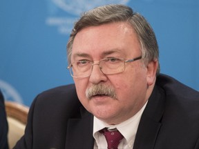 Mikhail Ulyanov, head of the Russian Foreign Ministry's arms control and non-proliferation department, speaks at a news conference in Moscow, Russia, Thursday, Nov. 2, 2017. Ulyanov said Russia would welcome the extension of the U.N.-sponsored investigations into chemical weapons use in Syria, but considers it necessary to amend the ground rules for them. (AP Photo/Pavel Golovkin)
