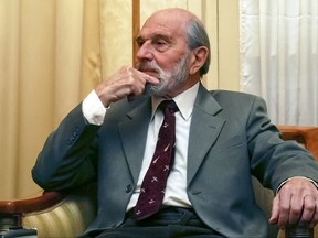 FILE -  In this file photo taken in Nov. 15, 2006, George Blake, a former British spy and double agent in service of the Soviet Union, seen in Moscow, Russia. Blake, who turns 95 Saturday Nov. 11, 2017 said in a statement carried by the Russian Foreign Intelligence Service that Russian spies now face a task of saving the world. Blake has lived in Russia since his escape from British prison in 1966. (AP Photo, File)