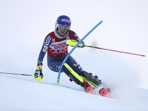 United States' Mikaela Shiffrin speeds down the course during an alpine ski, women's World Cup slalom in Levi, Finland, Saturday, Nov. 11, 2017. (AP Photo/Shin Tanaka)