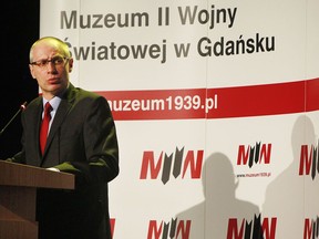 FILE - This is a Jan. 23, 2017  file photo of  Pawel Machcewicz, as he speak ahead of the opening of the Museum of the Second World War in Gdansk, Poland. Machcewicz said Wednesday Nov. 29, 2017 that anti-corruption agents visited his Warsaw home in what he called an attempt at intimidation that comes amid a conflict he is in with the government. The Central Anti-Corruption Bureau, however, said the visit came because Machcewicz had refused to answer summons to appear before prosecutors. (AP Photo/Czarek Sokolowski, File)