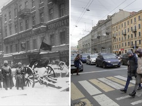 CORRECTS THE SPELLING OF THE NAME OF THE AVENUE TO CONFORM WITH AP STYLE  This two-pictures combo shows Liteiny Prospekt (Avenue) in downtown St. Petersburg, photographed in February 1917, left, and in October 2017, right. In this left photo, taken in Feb. 1917, soldiers stand at a barricade in Liteiny Prospekt (Avenue) in downtown St. Petersburg, Russia. In this right photo, taken on Tuesday, Oct. 24, 2017, people walk crossing the Liteiny Prospekt (Avenue) in downtown St. Petersburg, Russia. (AP Photo/Yakov Steinberg, Dmitry Lovetsky)