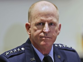 The Vice Chief of Staff of the U.S. Air Force, General Stephen Wilson addresses a joint press conference with Air Forces Central Commander in Qatar, Lt. Gen. Jeffrey L. Harrigian, in Dubai, United Arab Emirates, Friday, Nov. 10, 2017.  Harrigian said that the ballistic missile fired by Yemeni rebels that targeted the Saudi capital was from Iran and bore "Iranian markings." (AP Photo/Kamran Jebreili)