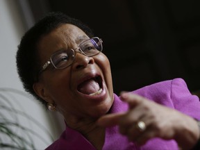 Mandela's widow Graca Machel gestures as she answers to the Associated Press journalist during an interview at Palazzo Reale, in Milan, Italy, Saturday, Nov. 4, 2017. Former U.N. Secretary General Kofi Annan and Graca Machel are addressing a summit on the global crisis of malnutrition that is an underlying cause of half of child deaths. (AP Photo/Luca Bruno)