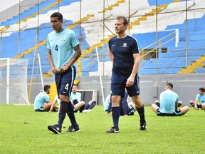 Australia captain Tim Cahill, left, warms during a training session at the Francisco Morazan Stadium in San Pedro Sula, Honduras, Tuesday, Nov. 7, 2017. Australia and Honduras will face for the first leg of the World Cup playoff on Friday. (AP Photo)