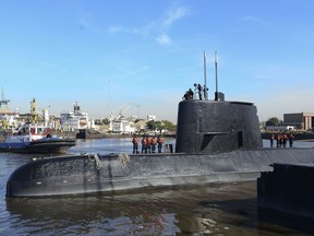 This 2014 photo provided by the Argentina Navy shows the ARA San Juan, a German-built diesel-electric vessel, docked in Buenos Aires, Argentina. Argentina's Navy said Friday, Nov. 17, 2017, it has lost contact with the submarine off the country's southern coast. (Argentina Navy via AP )