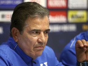 Honduras head coach Jorge Luis Pinto comments during a press conference ahead of his team's World Cup soccer playoff deciding match against Australia in Sydney, Australia, Tuesday, Nov. 14, 2017. (AP Photo/Rick Rycroft)