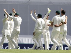 Australia celebrate the wicket of Jonny Bairstow during the Ashes cricket test between England and Australia in Brisbane, Australia, Sunday, Nov. 26, 2017. (AP Photo/Tertius Pickard)