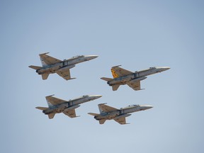 Four F/A-18F Super Hornet fighter jets, manufactured by Boeing Co., fly in formation during an aerobatic flying display at the Australian International Airshow held at Avalon Airport in Geelong, Australia, on Wednesday, March 1, 2017.