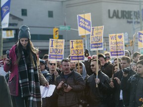Wilfrid Laurier teaching assistant Lindsay Shepherd finishes speaking at a rally in support of academic freedom near the University in Waterloo, Ontario, November 24, 2017.