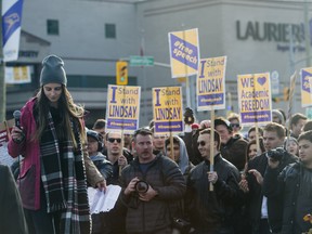 Wilfrid Laurier teaching assistant Lindsay Shepherd finishes speaking at a rally in support of academic freedom near the University in Waterloo, Ont., on Nov. 24, 2017.