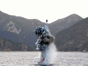 This picture released from North Korea's official Korean Central News Agency (KCNA) on April 24, 2016 shows the underwater test-fire of a strategic submarine ballistic missile at an undisclosed location in North Korea on April 23, 2016.