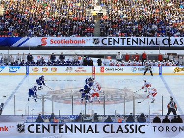 The opening faceoff of the NHL Centennial Classic between the Leafs and Red Wings on Jan. 1, 2017.