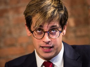 Milo Yiannopoulos speaks during a press conference, February 21, 2017 in New York City.
