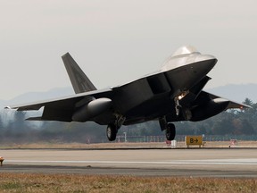 A U.S. Air Force F-22 Raptor fighter jet touching down at Gwangju Air Base on December 2, 2017 in Gwangju, South Korea.