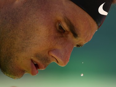 Sweat drips from Rafael Nadal's head in Key Biscayne, Fla., on March 28.