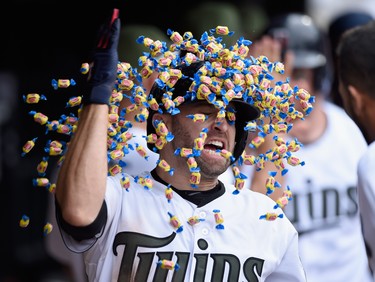 Minnesota Twins infielder Brian Dozier celebrates a home run against the Tampa Bay Rays on May 27.