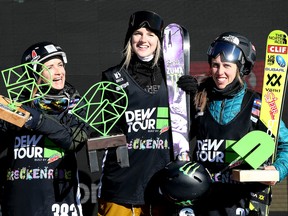 Canadian Cassie Sharpe, centre, celebrates on the podium with Marie Martinod of France, left, and Maddie Bowman of the U.S. after the Women's Pro Ski Superpipe Final during Day 3 of the Dew Tour on Dec. 15, 2017 in Breckenridge, Colorado.