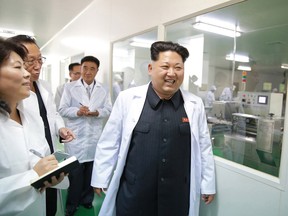 Kim Jong Un visits the Jongsong Pharmaceutical General Factory in 2015