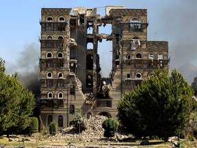 A picture taken on December 5, 2017, shows the damage after a reported air strike carried out by the Saudi-led coalition targeted the presidential palace in Yemen's Huthi rebel-held capital Sanaa.