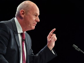 This file photo taken on October 01, 2017 shows  Britain's First Secretary of State and Minister for the Cabinet Office, Damian Green addressing the delegates on the first day of the Conservative Party annual conference at the Manchester Central Convention Centre, in Manchester.