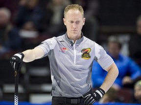 Skip Brad Jacobs, from Sault Ste. Marie, Ont., is seen between ends during his 9-5 loss to Team Carruthers at the Olympic curling trials, Thursday, December 7, 2017 in Ottawa.