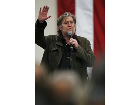 Former White House strategist Steve Bannon speaks in support of U.S. Senate candidate Roy Moore during a campaign rally, Monday, Dec. 11, 2017, in Midland City, Ala.