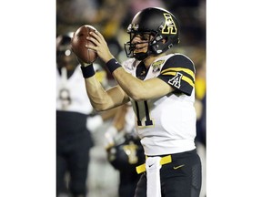 Appalachian State quarterback Taylor Lamb warms up before playing against Toledo in the Dollar General Bowl NCAA college football game, Saturday, Dec. 23, 2017, in Mobile, Ala.