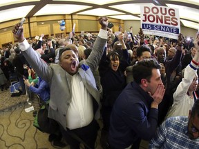 Supporters of Doug Jones erupt is celebration during an election-night watch party Tuesday, Dec. 12, 2017, in Birmingham, Ala. In a stunning victory aided by scandal, Democrat Doug Jones won Alabama's special Senate election, beating back history, an embattled Republican opponent and President Donald Trump, who urgently endorsed GOP rebel Roy Moore despite a litany of sexual misconduct allegations.