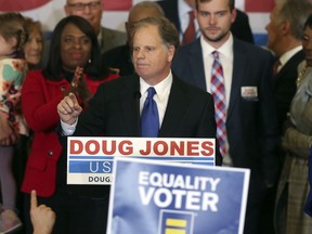 Democrat Doug Jones speaks Tuesday, Dec. 12, 2017, in Birmingham, Ala. In a stunning victory aided by scandal, Jones won Alabama's special Senate election, beating back history, an embattled Republican opponent and President Donald Trump, who urgently endorsed GOP rebel Roy Moore despite a litany of sexual misconduct allegations.