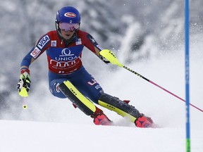 United States' Mikaela Shiffrin competes during the first run of an alpine ski, women's World Cup slalom, in Lienz, Austria, Thursday, Dec. 28, 2017.