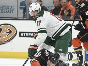Anaheim Ducks right wing Corey Perry, bottom, falls while chasing the puck under pressure from Minnesota Wild left wing Marcus Foligno during the first period of an NHL hockey game in Anaheim, Calif., Friday, Dec. 8, 2017.