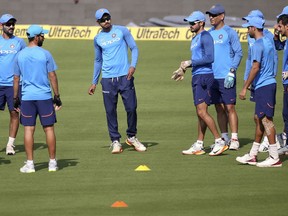 Members of Indian team attend a training session ahead of their third and final one-day international cricket match against Sri Lanka in Visakhapatnam, India, Saturday, Dec. 16, 2017.