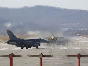 In this Monday, Dec. 4, 2017, file photo, U.S. Air Force F-16 fighter jet prepares to take off at Osan U.S. Air Base in Pyeongtaek, South Korea. Hundreds of aircraft including two dozen stealth jets began training Monday as the United States and South Korea launched their combined air force exercise.