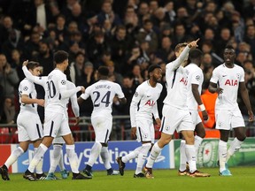 Tottenham's players celebrated a goal against APOEL during the Champions League Group H soccer match between Tottenham and APOEL Nicosia in London, Wednesday, Dec. 6, 2017.