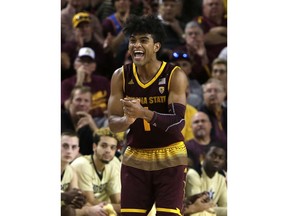 Arizona State guard Remy Martin (1) reacts after defeating Vanderbilt 76-64 during an NCAA college basketball game, Sunday, Dec 17, 2017, in Tempe, Ariz.