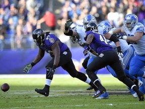 Baltimore Ravens defensive tackle Willie Henry (69) recovers a Detroit Lions fumble in the first half of an NFL football game, Sunday, Dec. 3, 2017, in Baltimore.