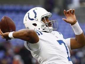Indianapolis Colts quarterback Jacoby Brissett (7) warms up before an NFL football game against Indianapolis Colts in Baltimore, Saturday, Dec 23, 2017.