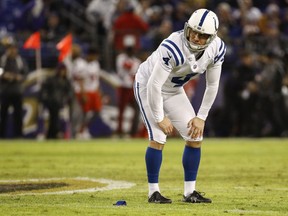 Indianapolis Colts kicker Adam Vinatieri (4) looks back at the sidelines after his field goal attempt falls short of the goal posts during the first half of an NFL football game against Baltimore Ravens in Baltimore, Saturday, Dec 23, 2017.