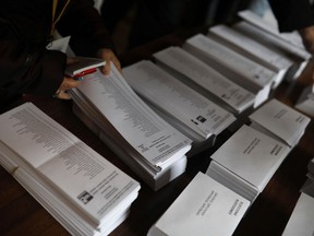 Ballot papers are placed at a polling station for the Catalan regional election in Barcelona, Spain, on Thursday, Dec. 21, 2017. Catalans are choosing new political leaders in a highly contested election called by central authorities to quell a separatist bid in Spain's northeastern region.